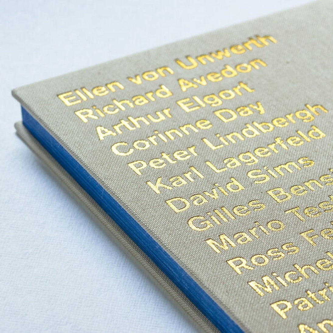 Captivate! Fashion Photography from the '90s-Curated by Claudia Schiffer-Published by Prestel-Hardcover-Linen & Metallic Gold Back Cover with Blue & Gold Names of Famous Photographers-Ellen von Unwerth Richard Avedon Arthur Elgort Corinne Day Peter Lindbergh Karl Lagerfeld David Sims Gilles Bensimon Mario Testino Ross Feltus Michel Comte Patrick Demarchelier Angelica Blechschmidt Russell James Doug Ordway Roxanne Lowit Walter Chin Hans Feurer Helmut Newton Mario Sorrenti Herb Ritts Juergen Teller