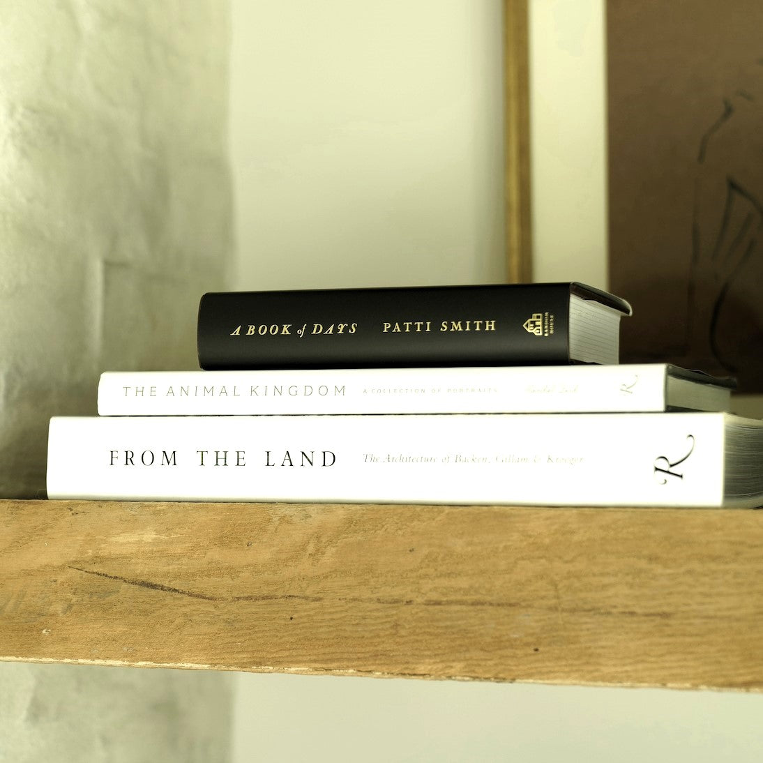 From The Land-The Architecture of Backen, Gillam & Kroeger-by Daniel P. Gregory, foreword by Diane Keaton, published by Rizzoli-Hardcover-Black and White-Side Spine Angled Display on Book Shelf with A Book of Days and Animal Kingdom Coffee Table Books
