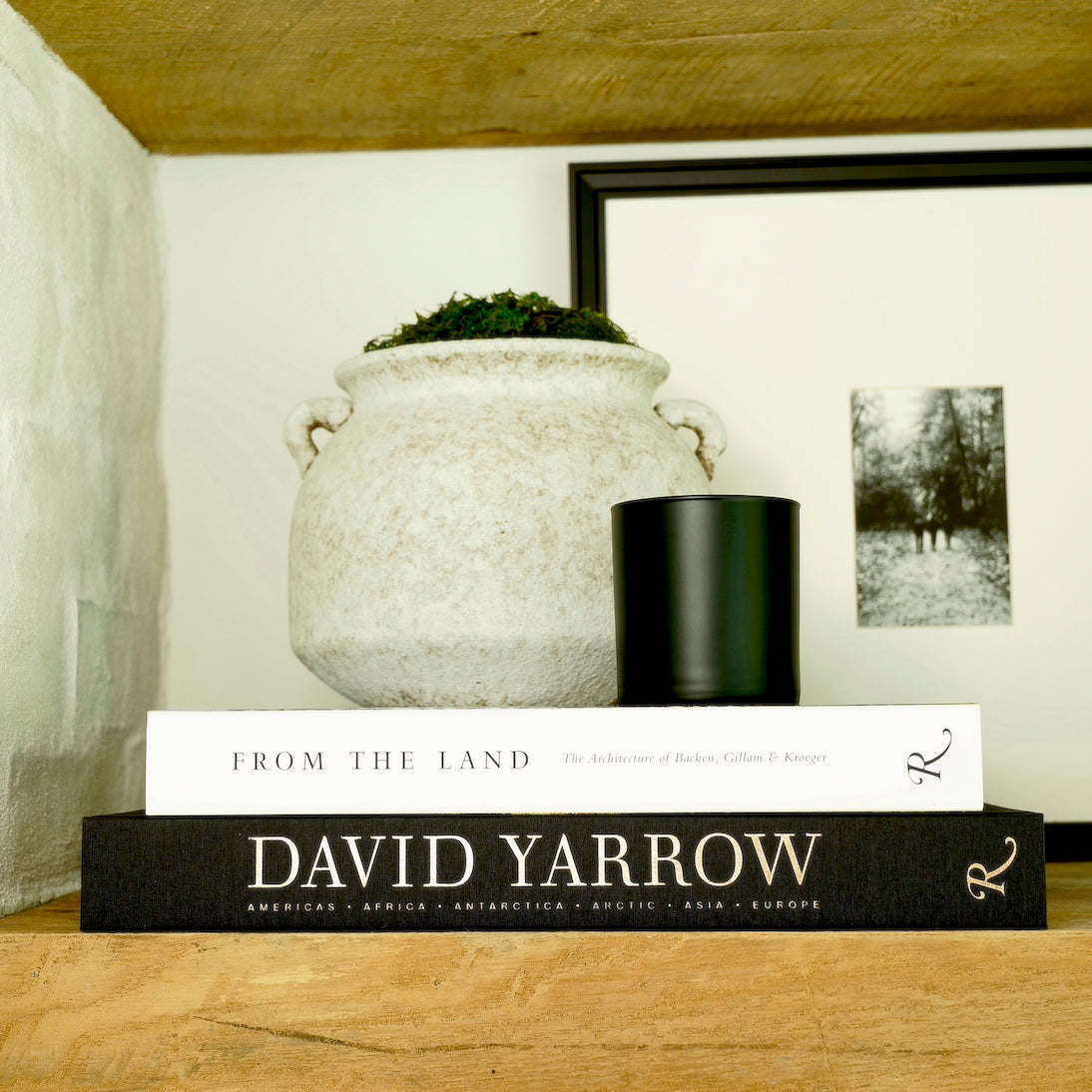 From The Land-The Architecture of Backen, Gillam & Kroeger-by Daniel P. Gregory, foreword by Diane Keaton, published by Rizzoli-Hardcover Coffee Table Book-Black and White-Side Spine Display on Book Shelf with David Yarrow Photography Book and Savina Vase
