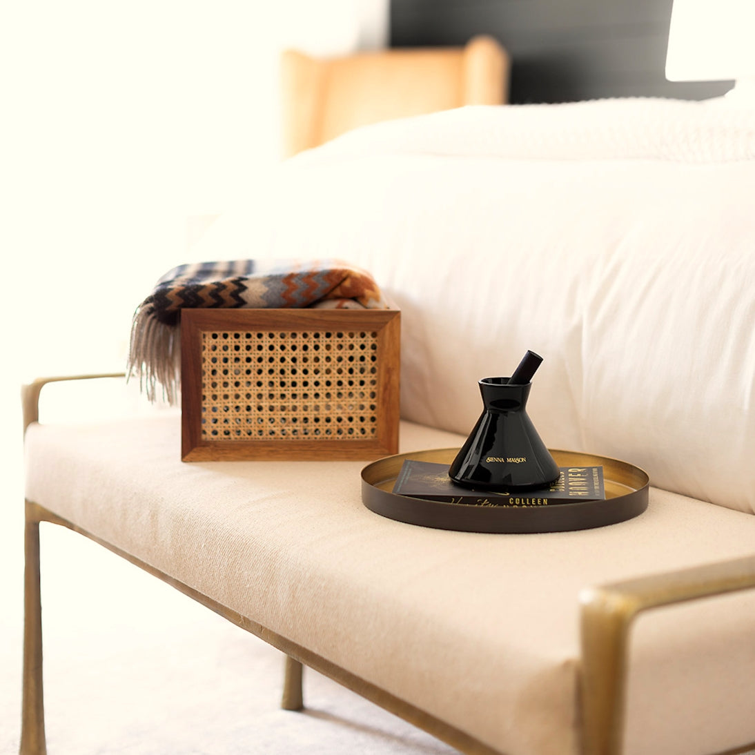 Sienna Maison Gold and Black Dyed Glass Encased in Crystal Glass Lennon Diffuser Set with Thick Reed Styled Display on Bench with Milo Acacia Wood and Cane Rattan Storage Bin