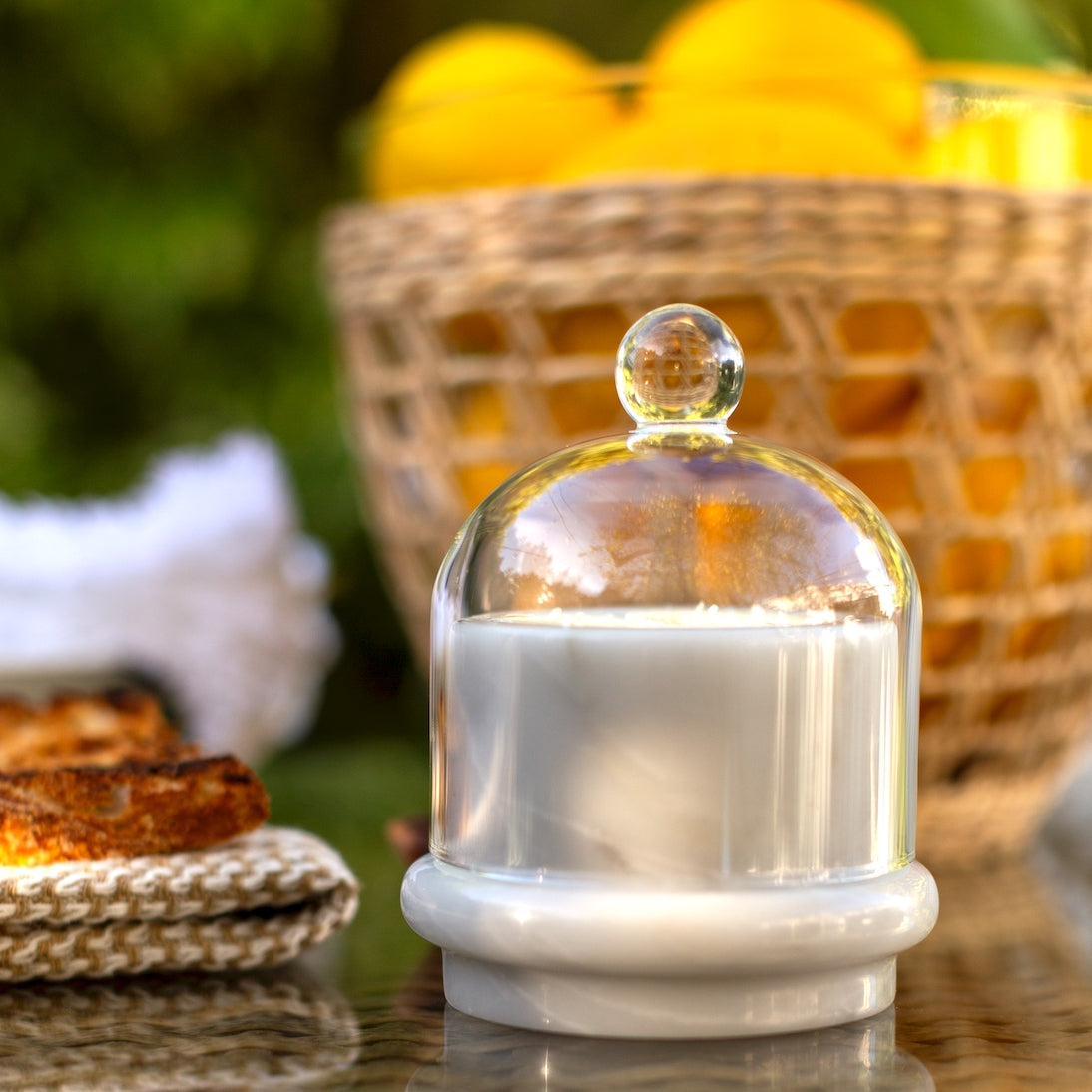 Sienna Maison Hudson White Marble Round Butter Dish with Borosilicate Glass Dome Cloche on Outside Dining Table for Breakfast with Kiana Kitchen Towel