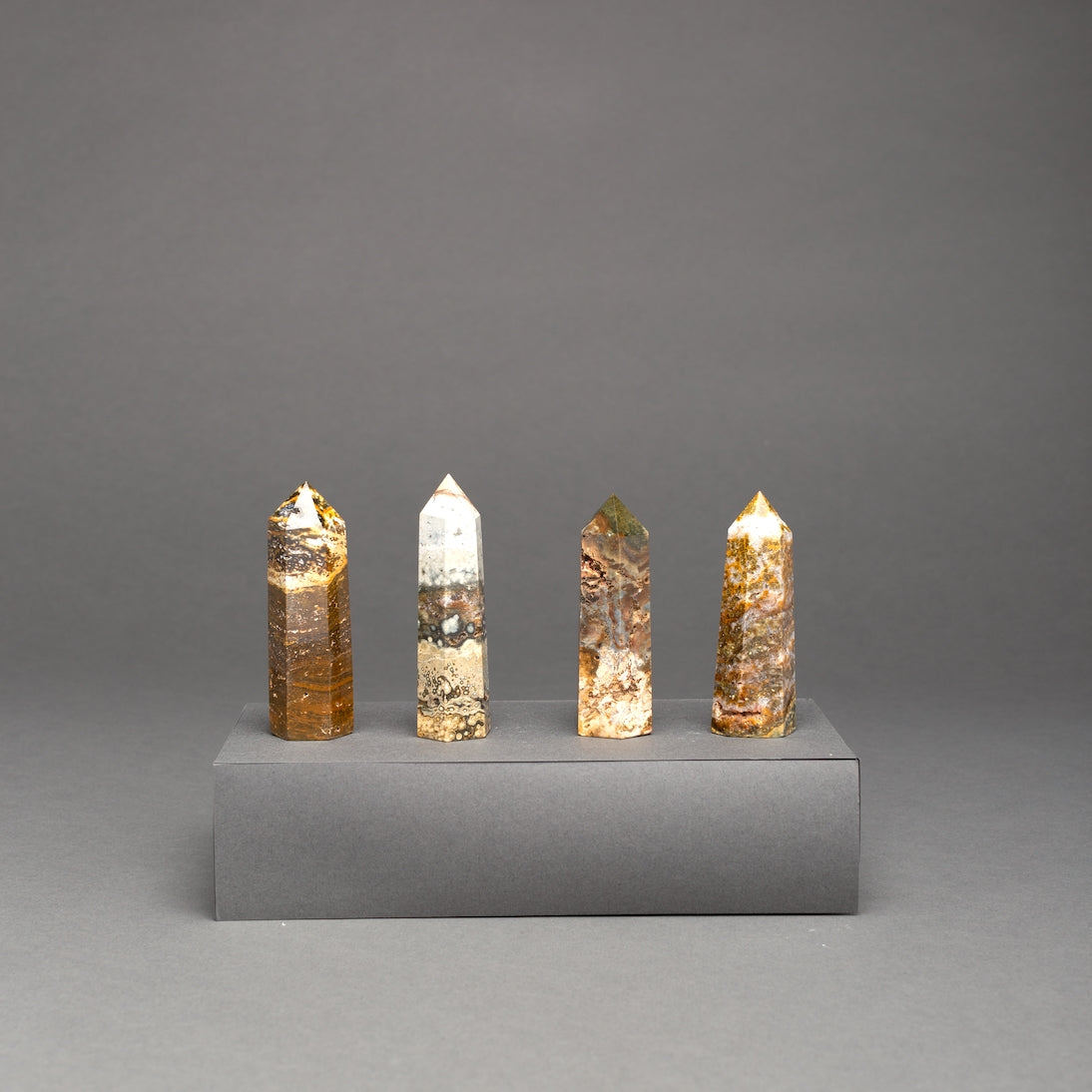 Sienna Maison Limited Edition Ocean Jasper Mini Crystal Obelisk Point Towers - Rich Brown, Golden-Yellow, Cream, Green, Pink Stone