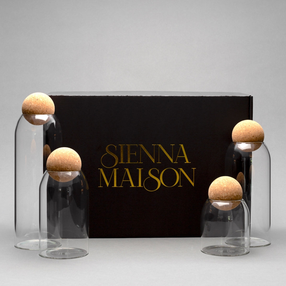 Sienna Maison Madison Cork Ball Dishwasher-Safe Borosilicate Glass Canisters Set of 4 sizes for home, office, work, bathroom, pantry, shelf, bar, guest room, bathtub, party organization with black and gold gift box