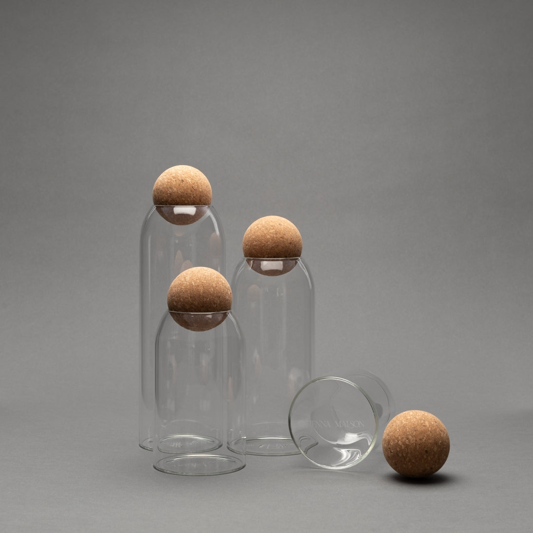 Sienna Maison Madison Cork Ball Dishwasher-Safe Borosilicate Glass Canisters Set of 4 sizes for home, kitchen, bathroom, office, guest room, work organization with discreet etched logo