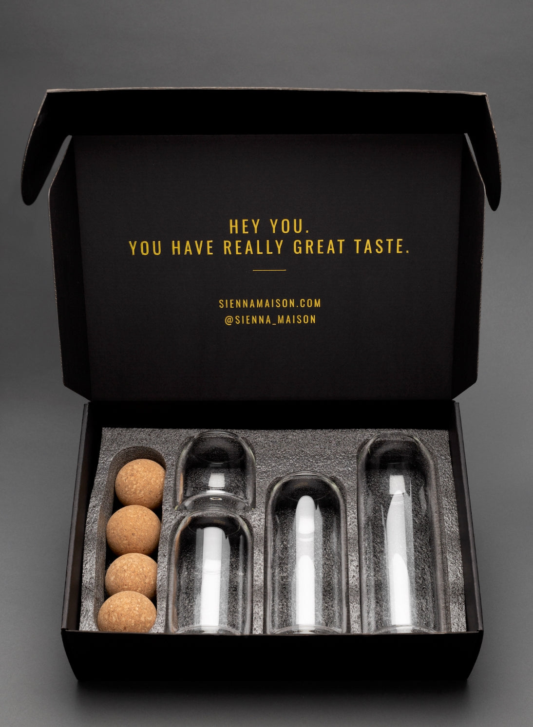 Sienna Maison Madison Cork Ball Dishwasher-Safe Borosilicate Glass Canisters Set of 4 sizes for home, office, work, bathroom, pantry, shelf, bar, guest room, bathtub, party organization with black and gold gift box with gold metallic lettering: Hey you. You have really great taste.