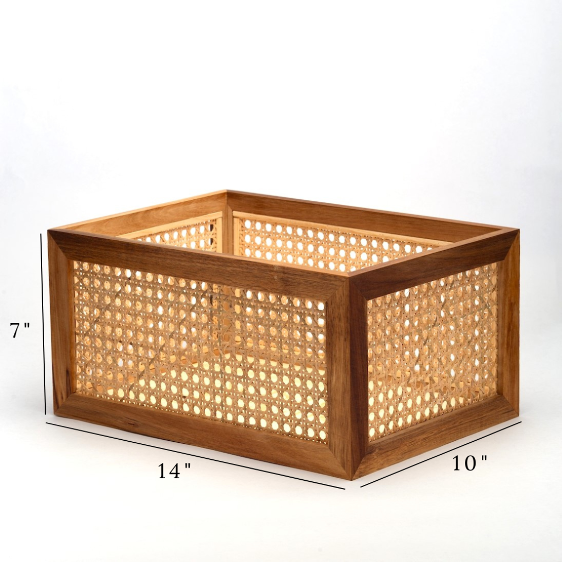 Sienna Maison Milo Acacia Wood and Rattan Cane Storage Bin Box for Home, Kitchen, Pantry, Office, Bathroom, Diaper, Work Organization - Basket Dimensions
