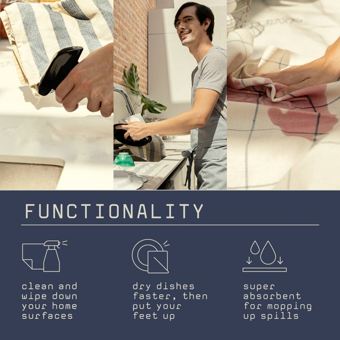 Set of 4 Eco-Friendly Blue & White Striped Kitchen & Dish Towels