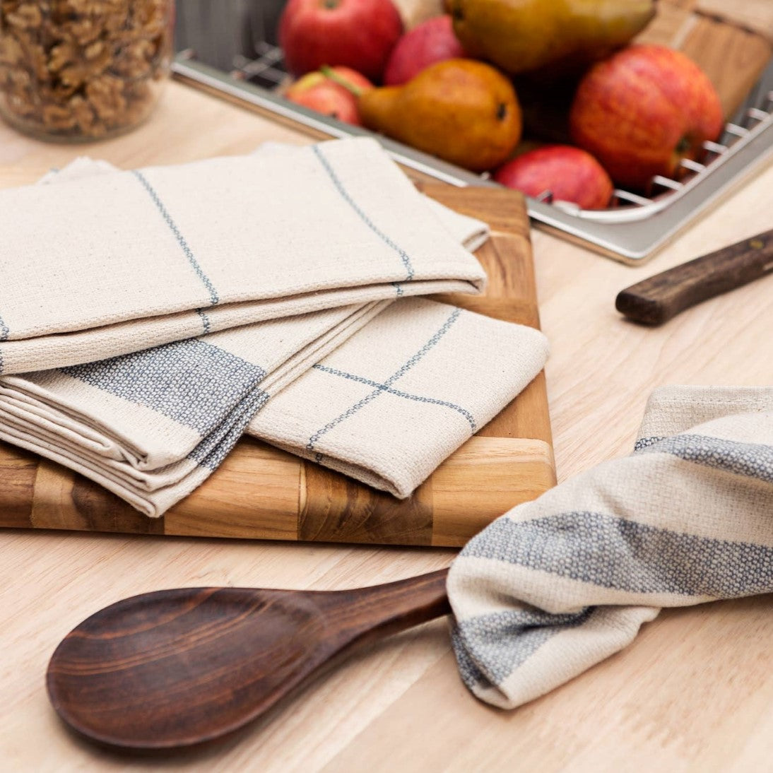 Set of 4 Eco-Friendly Blue & White Striped Kitchen & Dish Towels