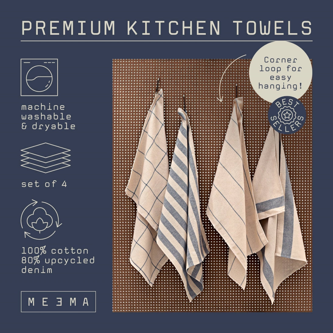Set of 4 Eco-Friendly Blue & White Striped Kitchen & Dish Towels