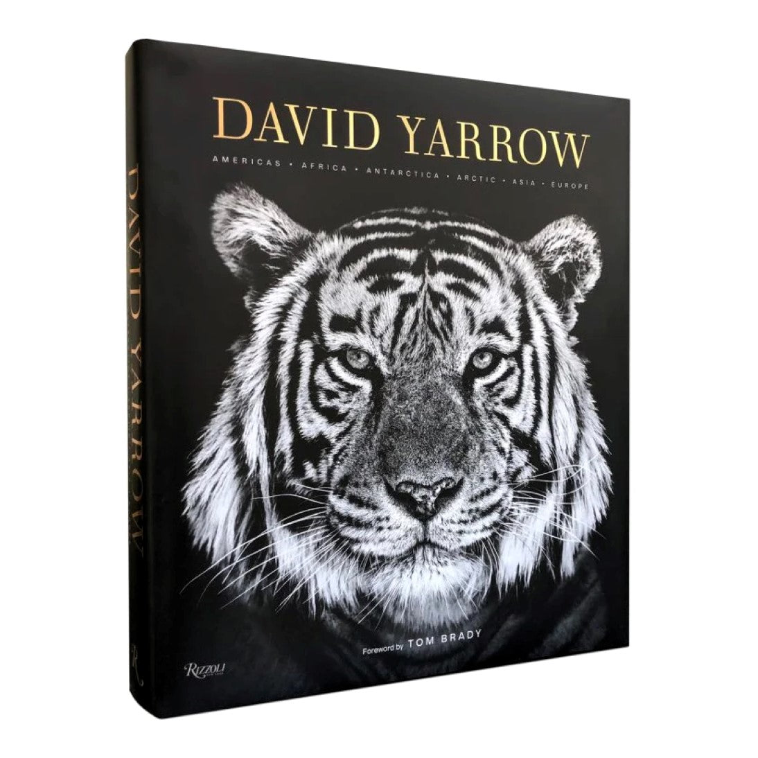 David Yarrow Photography-Americas Africa Antarctica Arctic Asia Europe - by David Yarrow, Foreword by Tom Brady, Published by Rizzoli-Hardcover-Black, White, and Metallic Gold Side Spine and Front Cover With Dust Jacket Angled