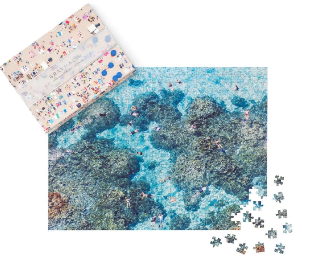 Gray Malin - Best-Selling Beach Themed Photographs - The Beach - Two-Sided 24x18 Puzzle - 500 pieces - Front Fine Art Aerial Photograph Box Recycled Non-Toxic with Puzzle Pieces - Sunbathers & Umbrellas, Ocean Reef Snorkelers