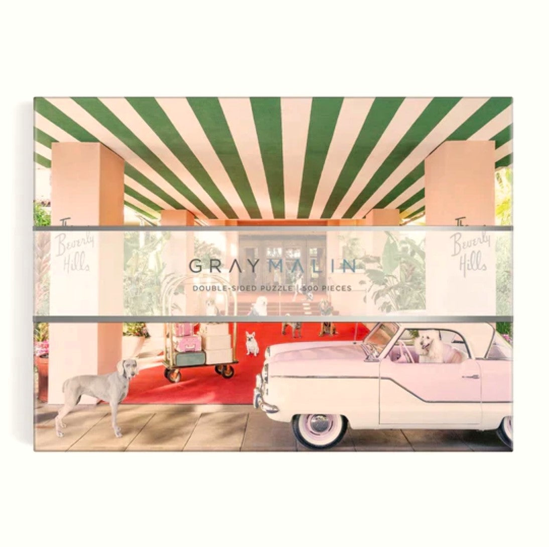 Gray Malin The Dogs at the Beverly Hills Hotel - Two-Sided Recycled Puzzle 24x18 - 500 pieces - Double-Sided Best-Selling Fine Art Photography Front Flat Box - Classic Car, Red Carpet, Pool, Umbrellas, Pink, Swim, Floatie