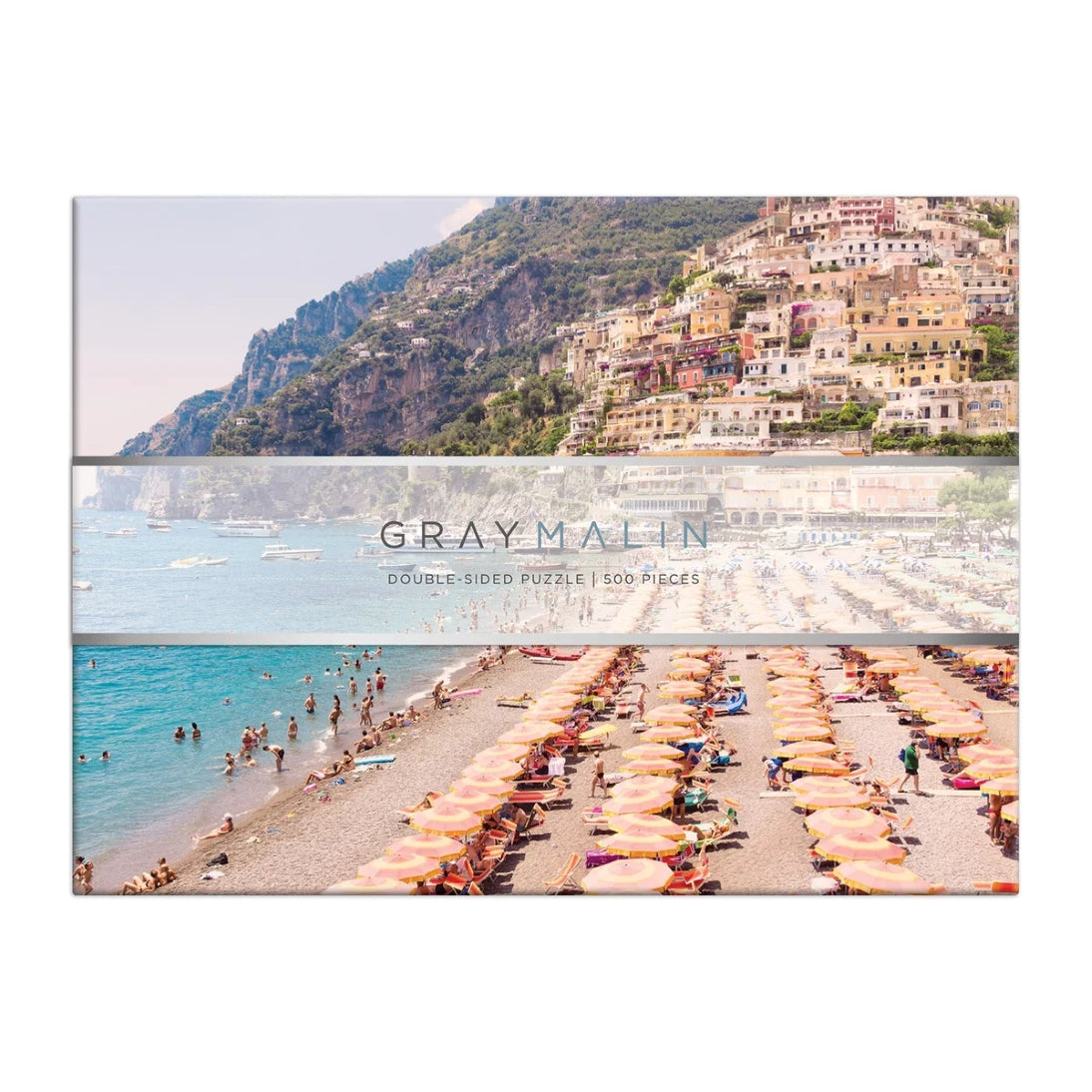 Gray Malin - The Italy - Two-Sided Best-Selling Fine Art Aerial Photography Puzzle 24x18, 500-pieces - Coastal Positano and Capri Beach Club, Umbrellas - Front Flat Box Double-Sided