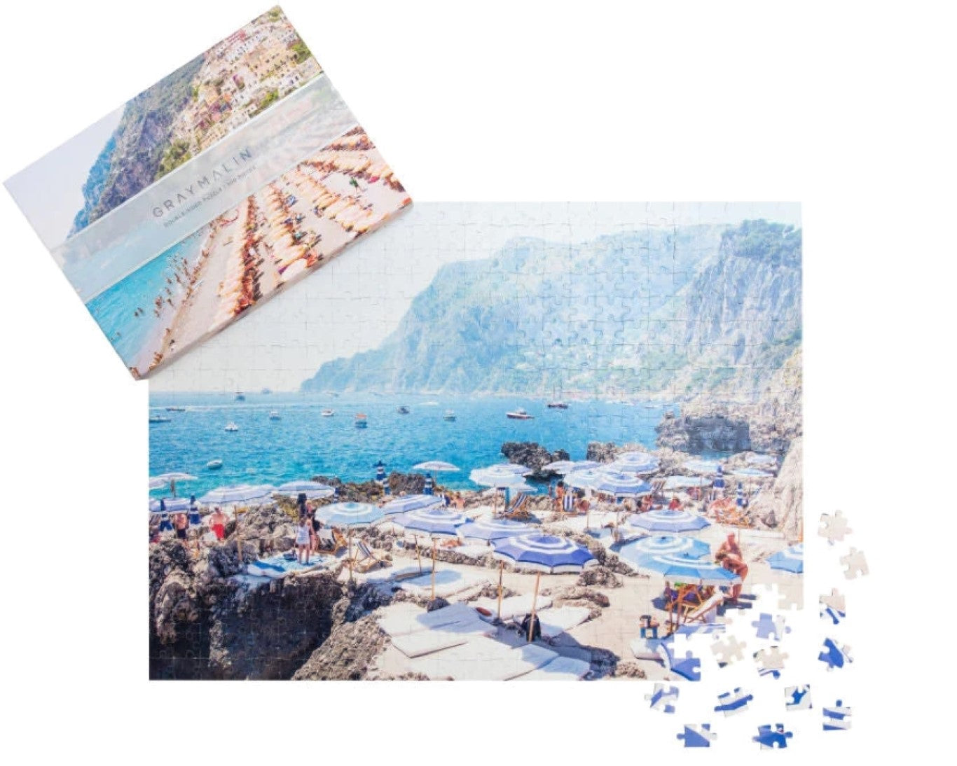 Gray Malin - The Italy - Two-Sided Best-Selling Fine Art Aerial Photography Puzzle 24x18, 500-pieces - Coastal Positano and Capri Beach Club, Umbrellas - Front Flat Box and Puzzle Pieces Double-Sided