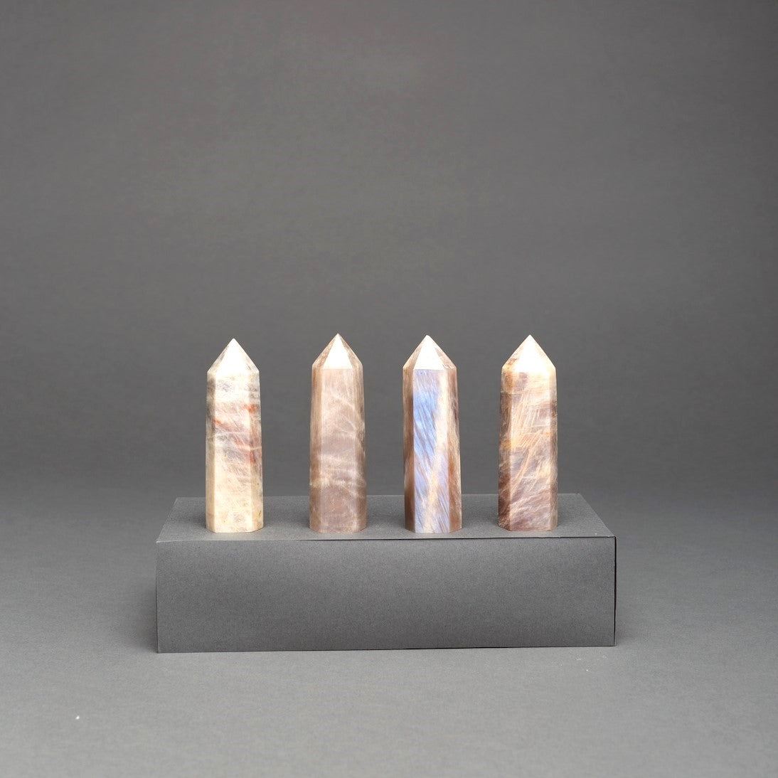 Sienna Maison Limited Edition Black Moonstone Mini Crystal Obelisk Point Towers - White, Grey, Brown, Tan, Iridescent Stone