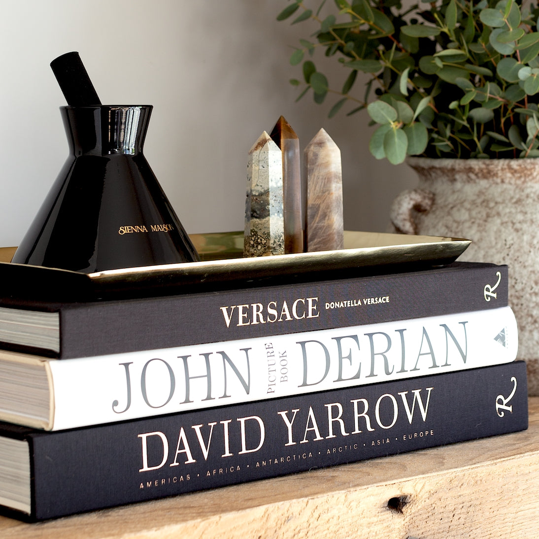 Sienna Maison Limited Edition Mini Tiger Eye, Black Moonstone, and Ocean Jasper Crystal Obelisk Point Towers on Book Shelf With Lennon Diffuser, Savina Vase, Donatella Versace, and David Yarrow Photography Coffee Table Books