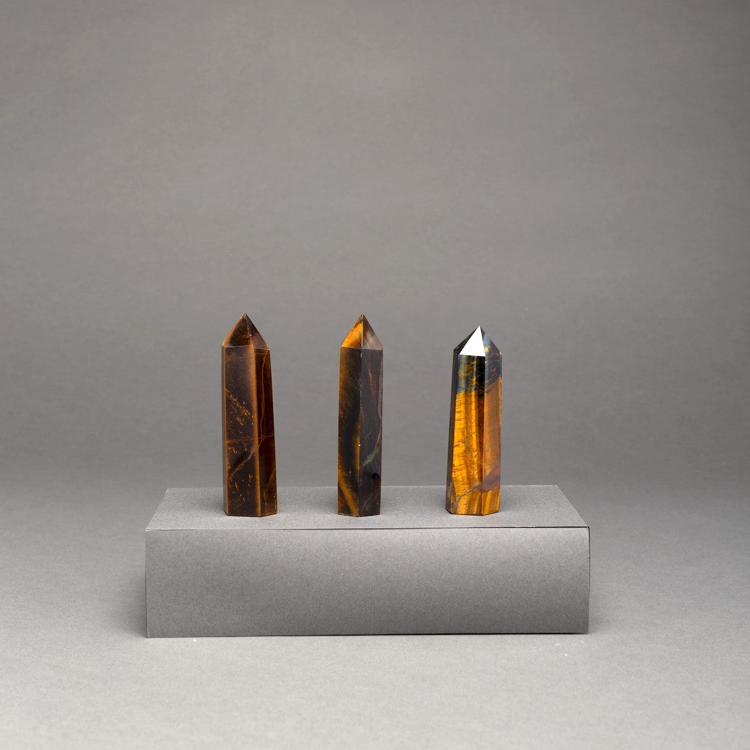 Sienna Maison Limited Edition Tiger Eye Mini Crystal Obelisk Point Towers - Rich Brown and Gold Bands with Chatoyant Effect