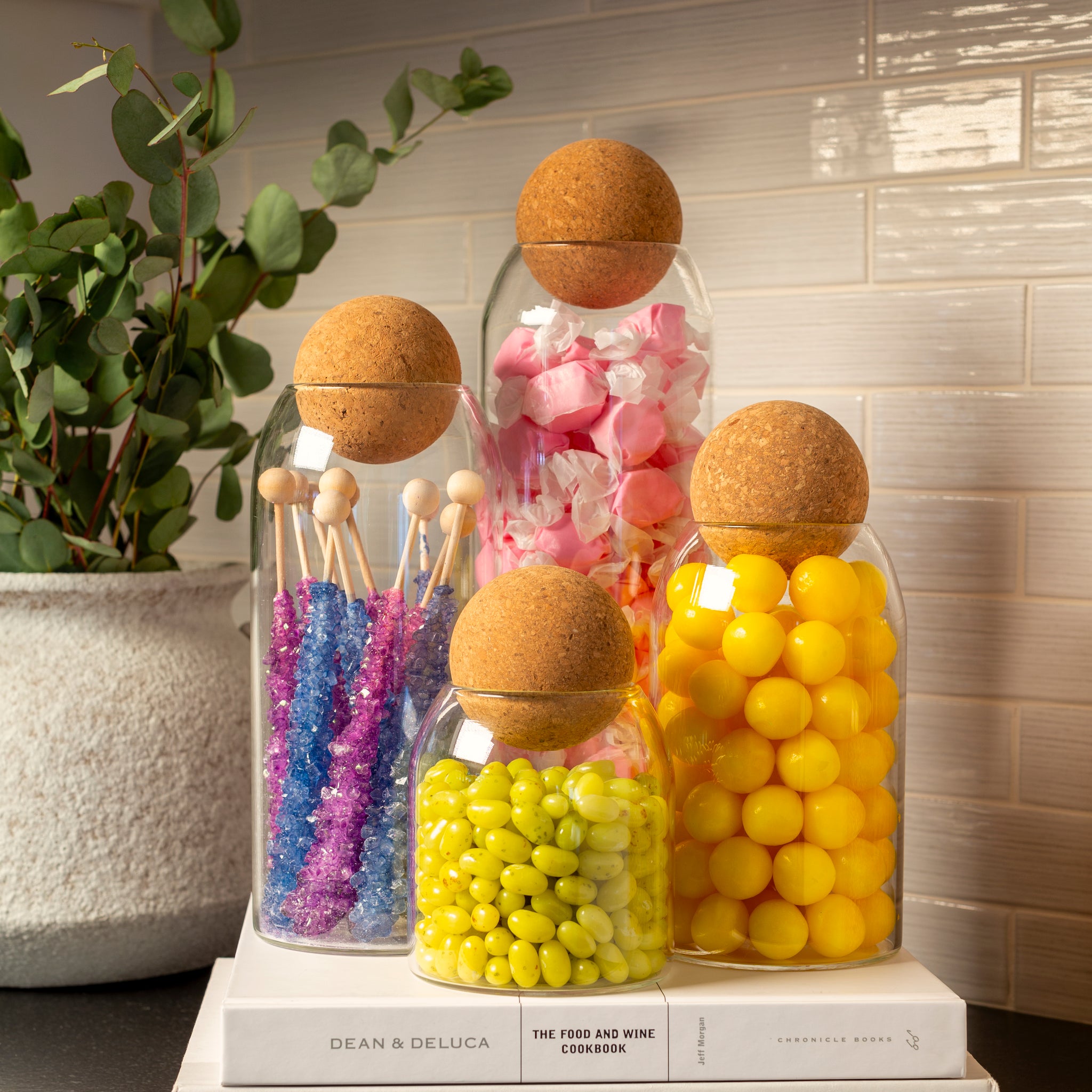 Sienna Maison Madison Borosilicate Glass Canisters with Candy and Savina Vase on Kitchen Pantry Counter Shelf