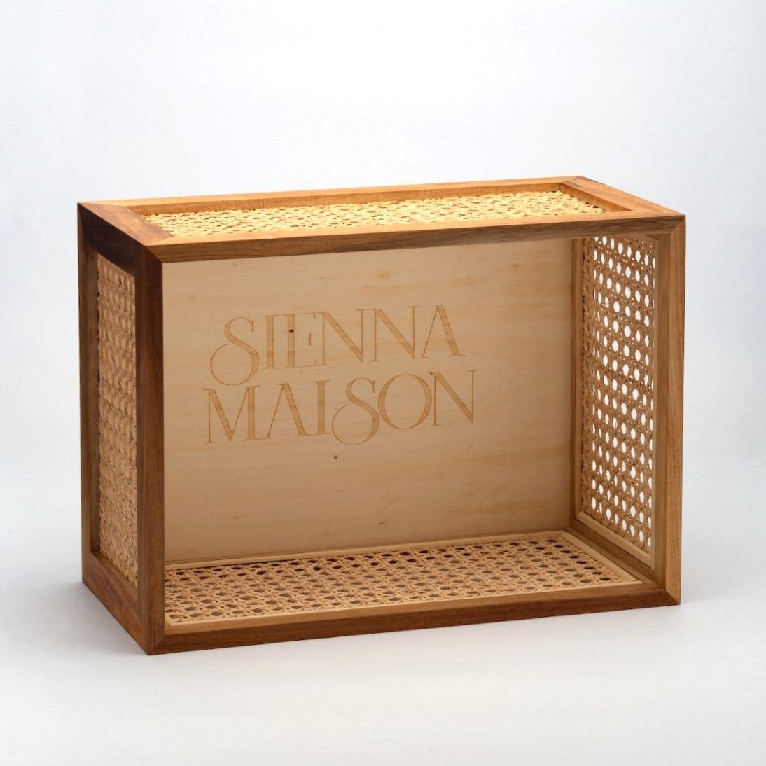 Sienna Maison Milo Natural Acacia Wood and Rattan Cane Storage Bin Box for Home, Kitchen, Pantry, Office, Bathroom, Work, and Diaper Organization with Discreet Logo on Bottom Inside