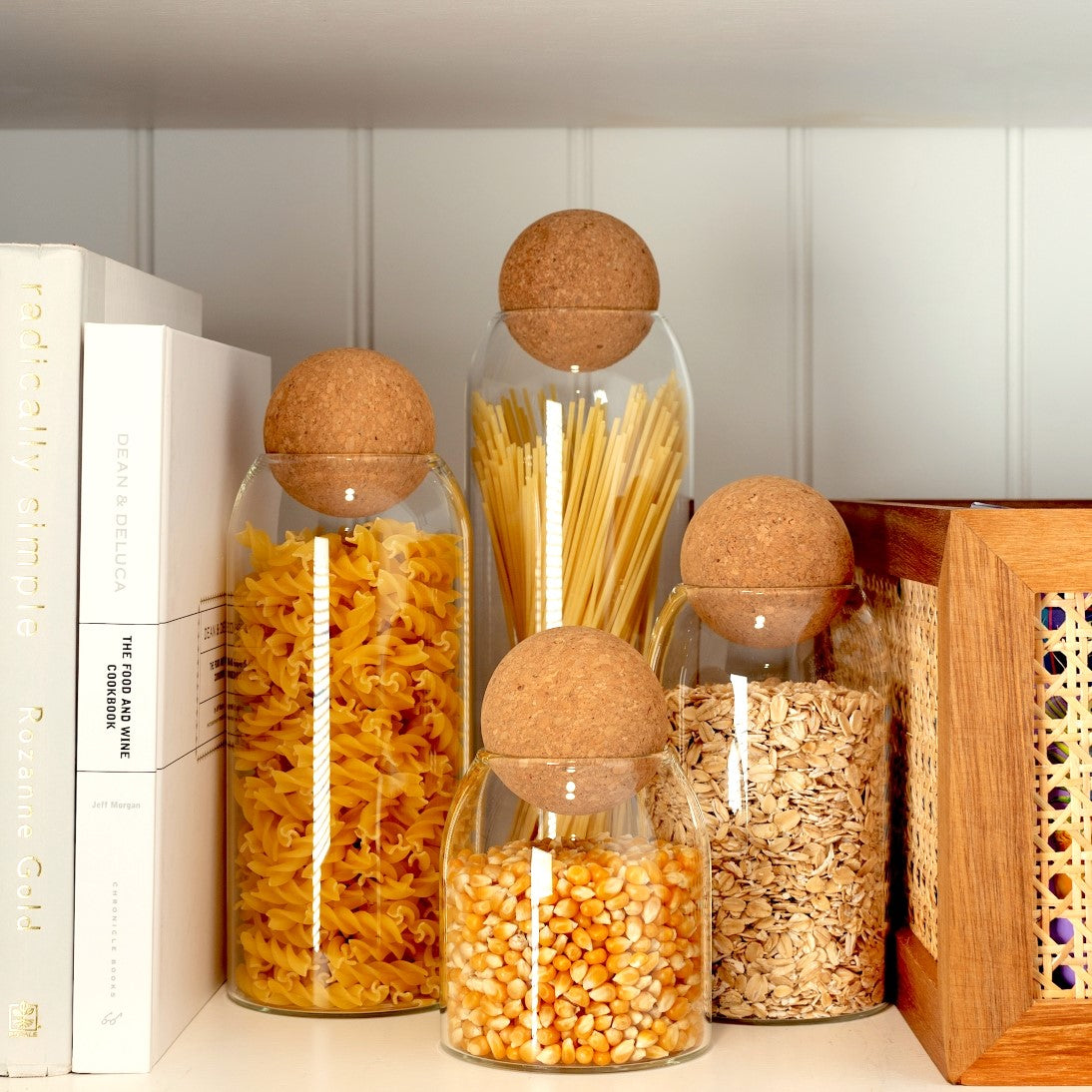 Sienna Maison Milo Natural Acacia Wood and Rattan Cane Storage Bin Box for Home Organization in Kitchen Pantry Shelf with Madison Cork Ball Glass Canisters