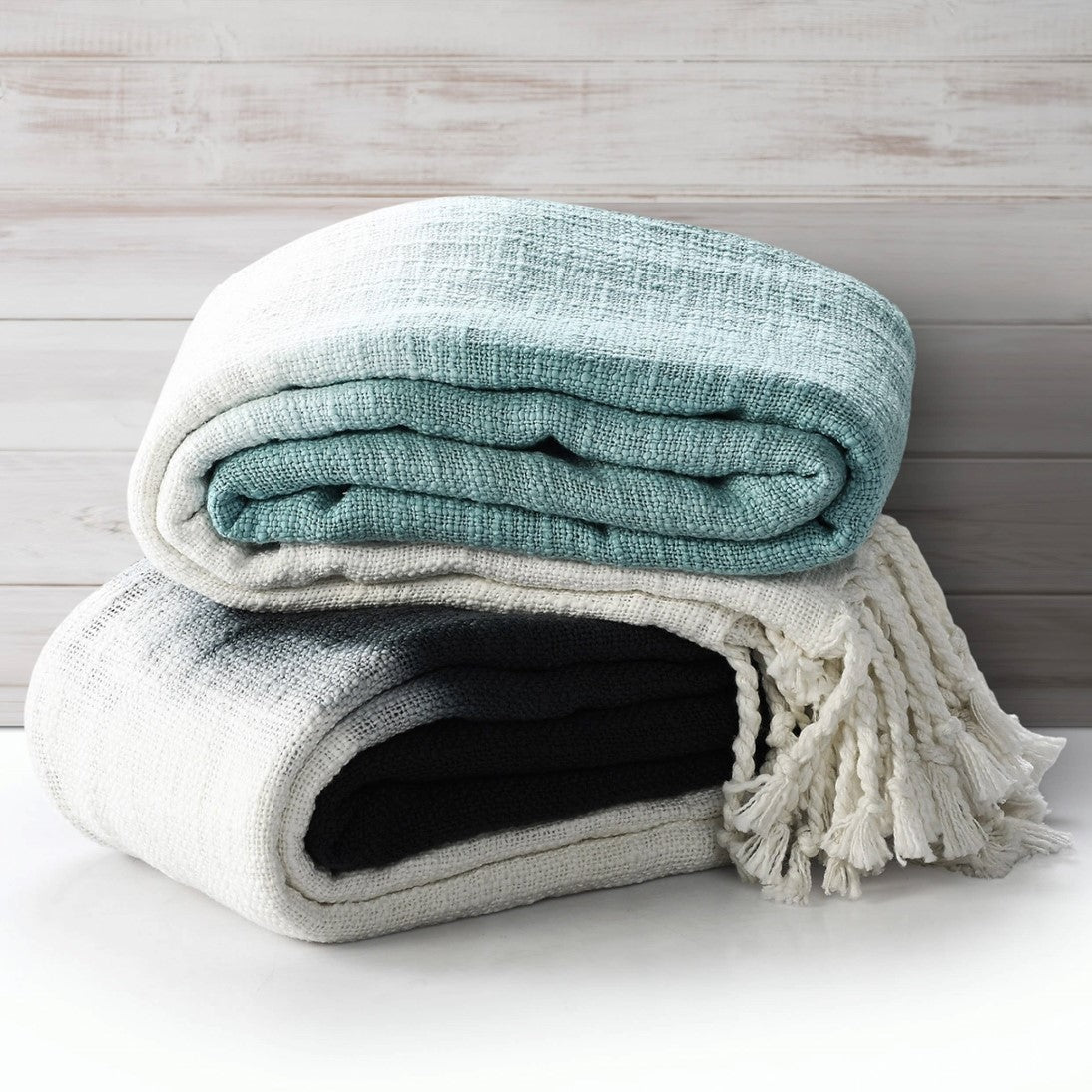 Hand-Woven & Dyed Ombre Black & White Shibori Throw Blanket