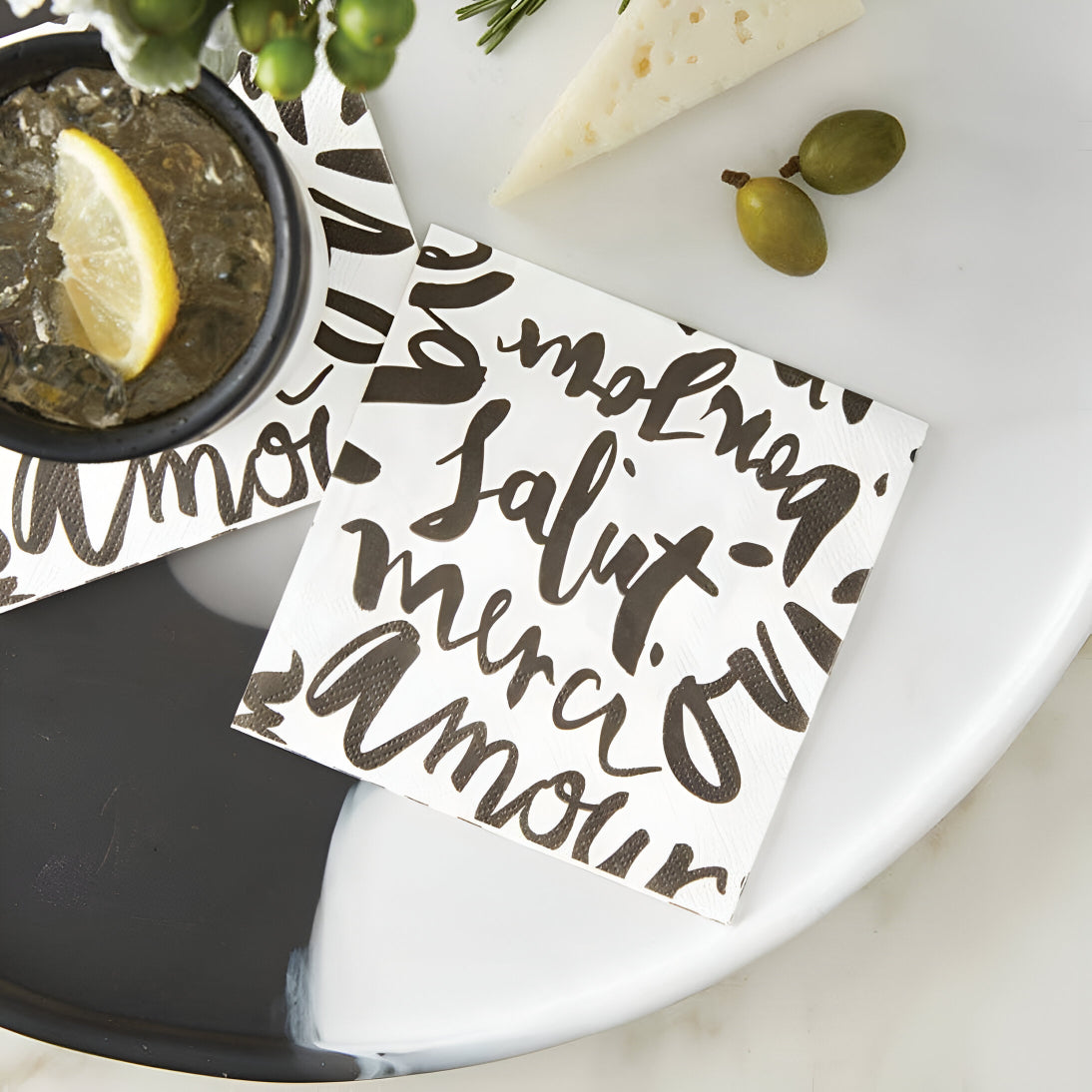 ‘Salut Merci’ Black & White Cocktail Napkins Set